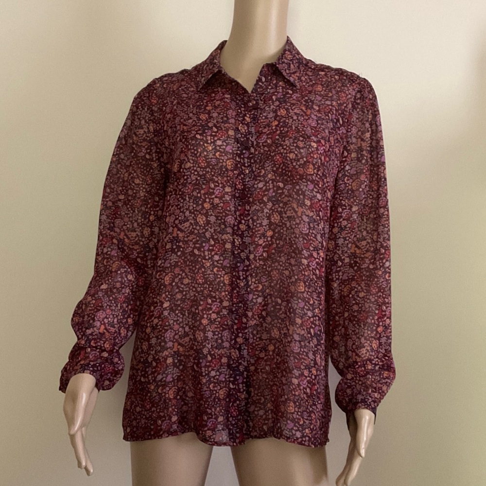 Liz Claiborne Burgundy Floral Long Sleeve Button Down Blouse